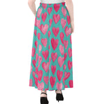 Pink And Teal Watercolor Heart Print Chiffon Maxi Skirt