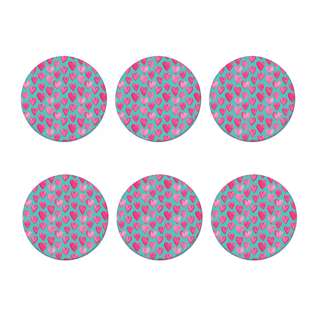 Pink And Teal Watercolor Heart Print Coaster Set