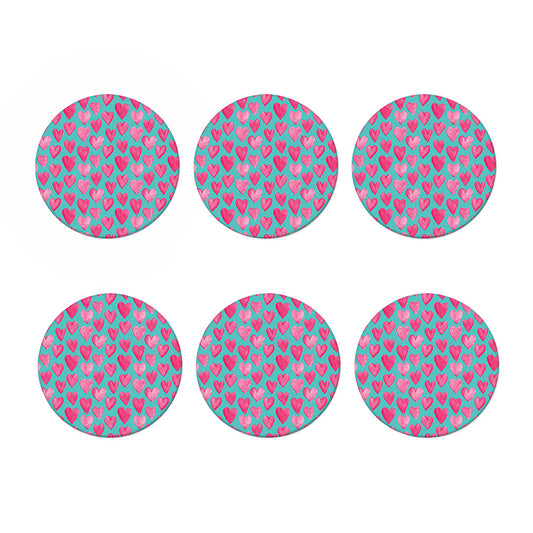Pink And Teal Watercolor Heart Print Coaster Set