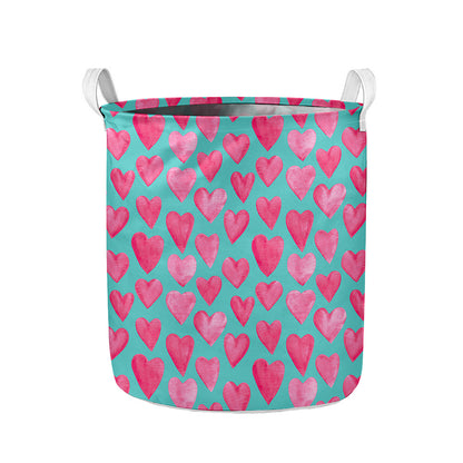 Pink And Teal Watercolor Heart Print Collapsible Laundry Basket