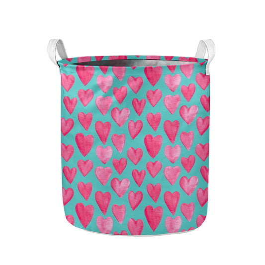 Pink And Teal Watercolor Heart Print Collapsible Laundry Basket