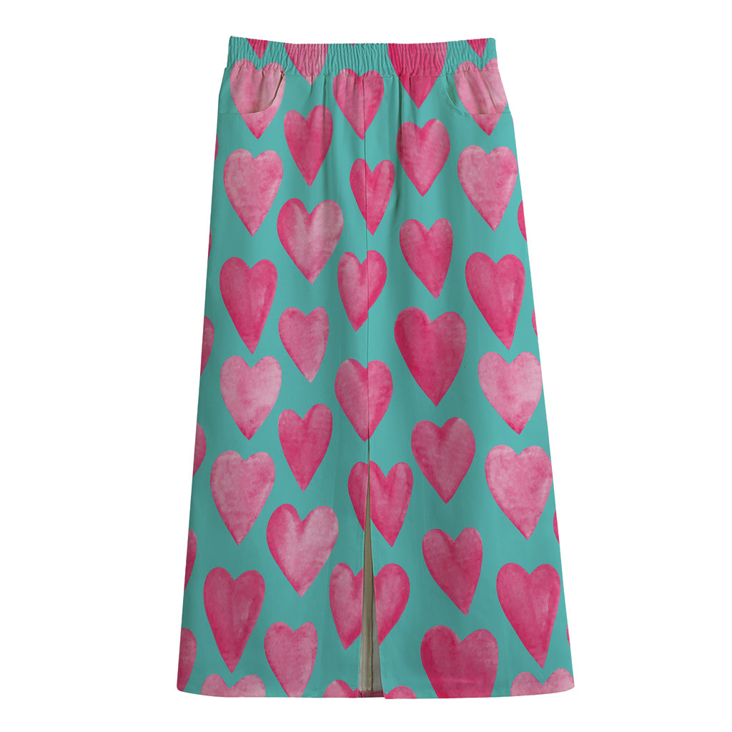 Pink And Teal Watercolor Heart Print Cotton Front Slit Maxi Skirt