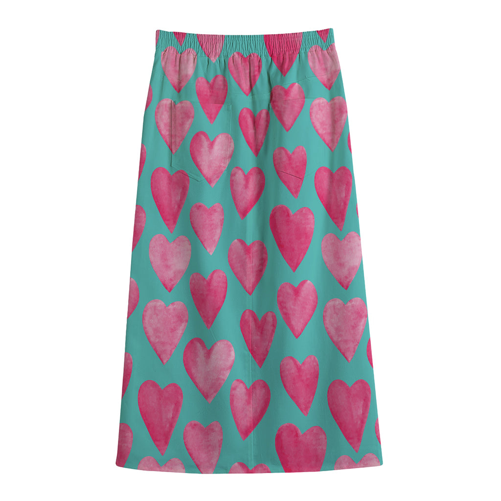 Pink And Teal Watercolor Heart Print Cotton Front Slit Maxi Skirt
