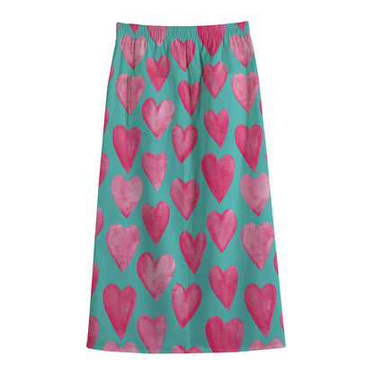 Pink And Teal Watercolor Heart Print Cotton Front Slit Maxi Skirt