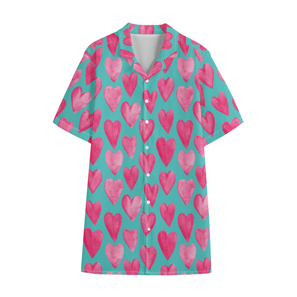 Pink And Teal Watercolor Heart Print Cotton Hawaiian Shirt