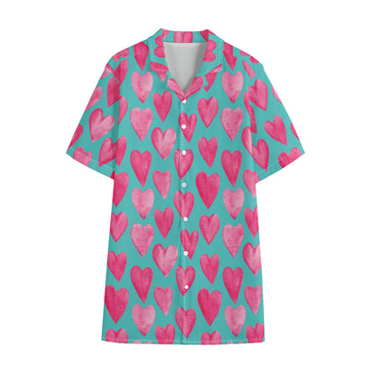 Pink And Teal Watercolor Heart Print Cotton Hawaiian Shirt