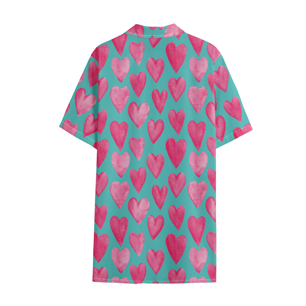 Pink And Teal Watercolor Heart Print Cotton Hawaiian Shirt