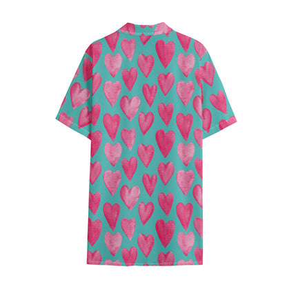 Pink And Teal Watercolor Heart Print Cotton Hawaiian Shirt