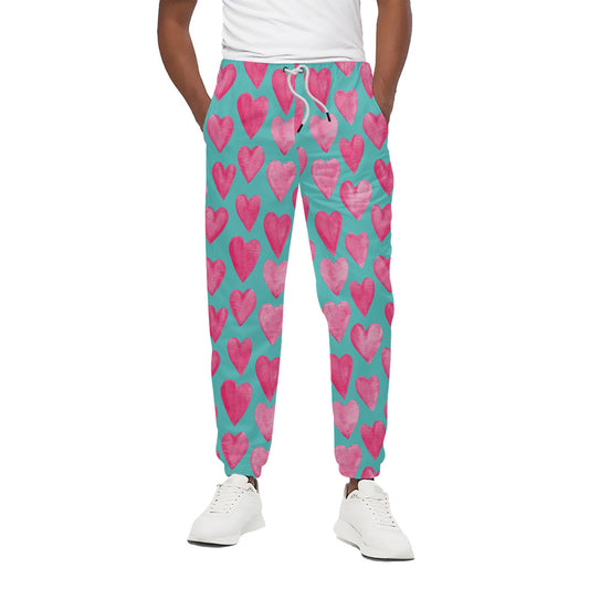 Pink And Teal Watercolor Heart Print Cotton Pants