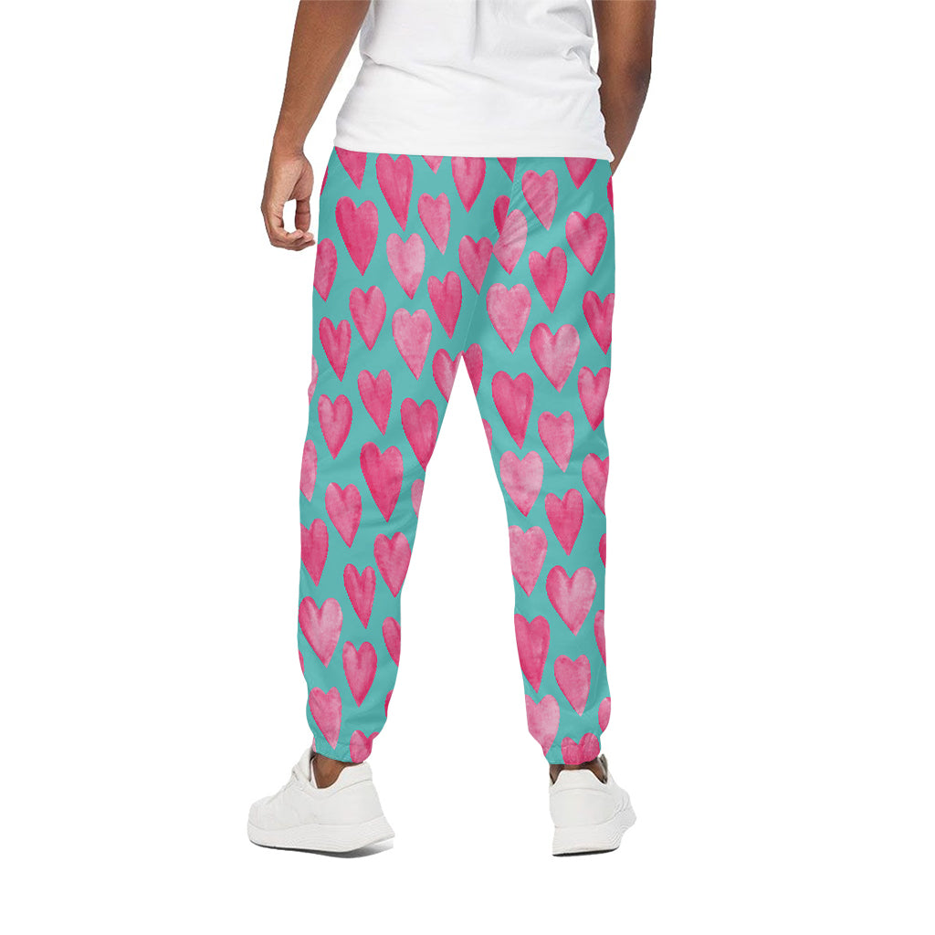 Pink And Teal Watercolor Heart Print Cotton Pants