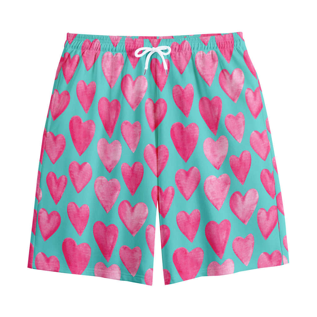Pink And Teal Watercolor Heart Print Cotton Shorts