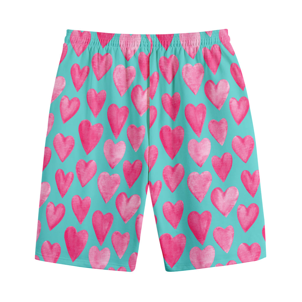 Pink And Teal Watercolor Heart Print Cotton Shorts