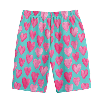 Pink And Teal Watercolor Heart Print Cotton Shorts