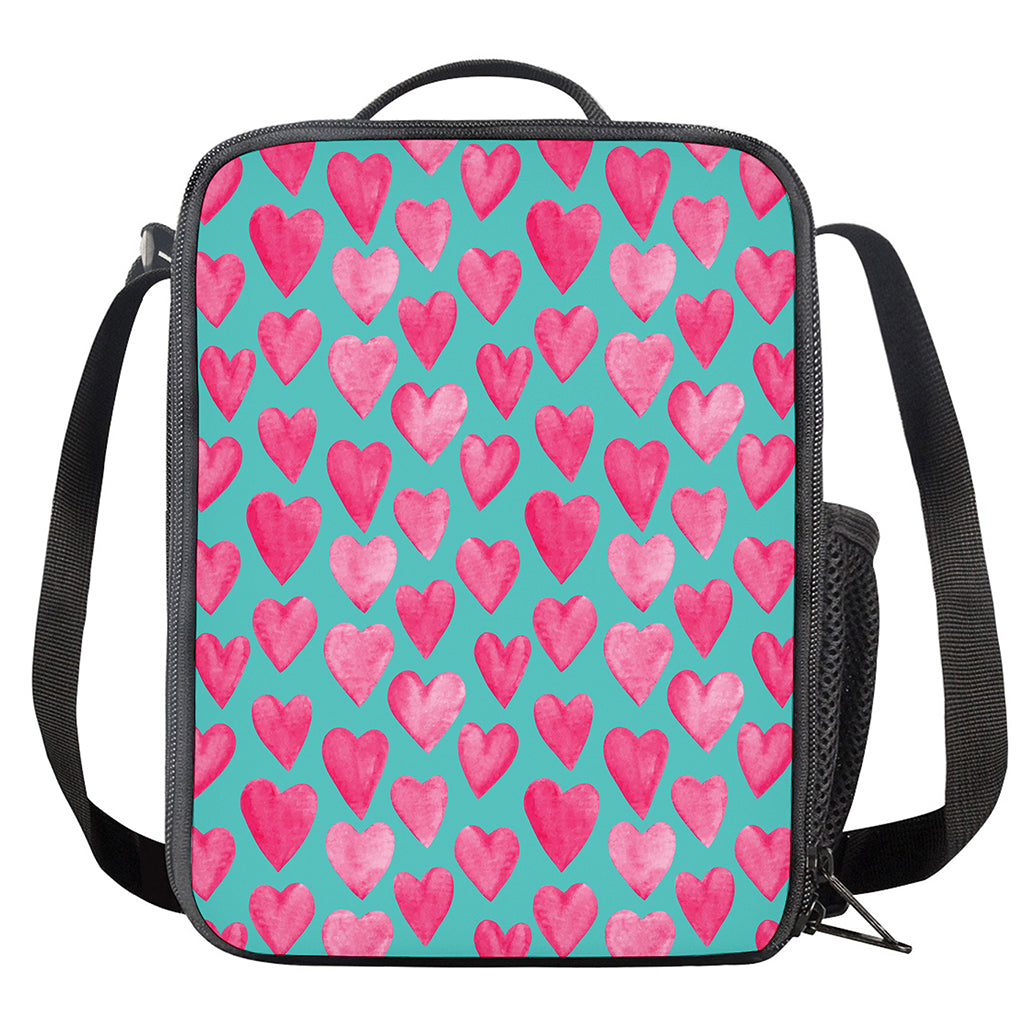 Pink And Teal Watercolor Heart Print Crossbody Lunch Bag