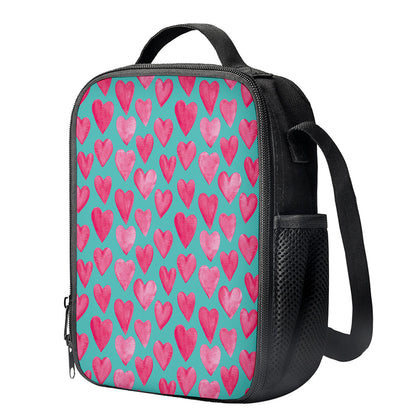 Pink And Teal Watercolor Heart Print Crossbody Lunch Bag