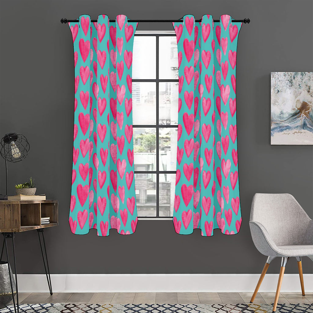 Pink And Teal Watercolor Heart Print Curtain