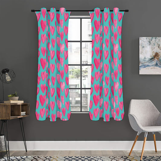 Pink And Teal Watercolor Heart Print Curtain