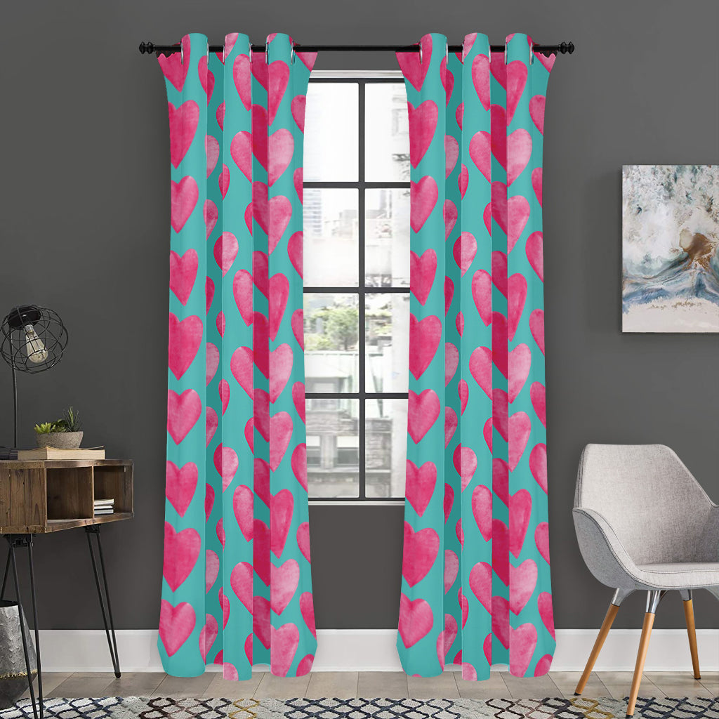 Pink And Teal Watercolor Heart Print Curtain