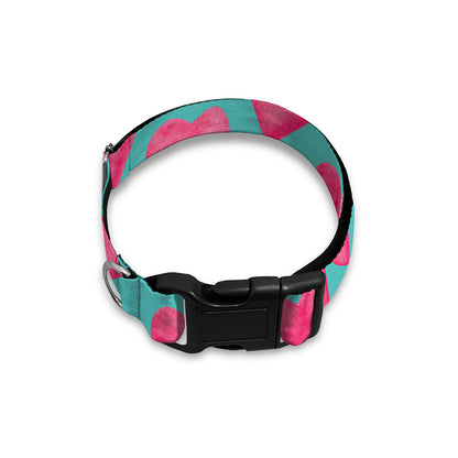 Pink And Teal Watercolor Heart Print Dog Collar