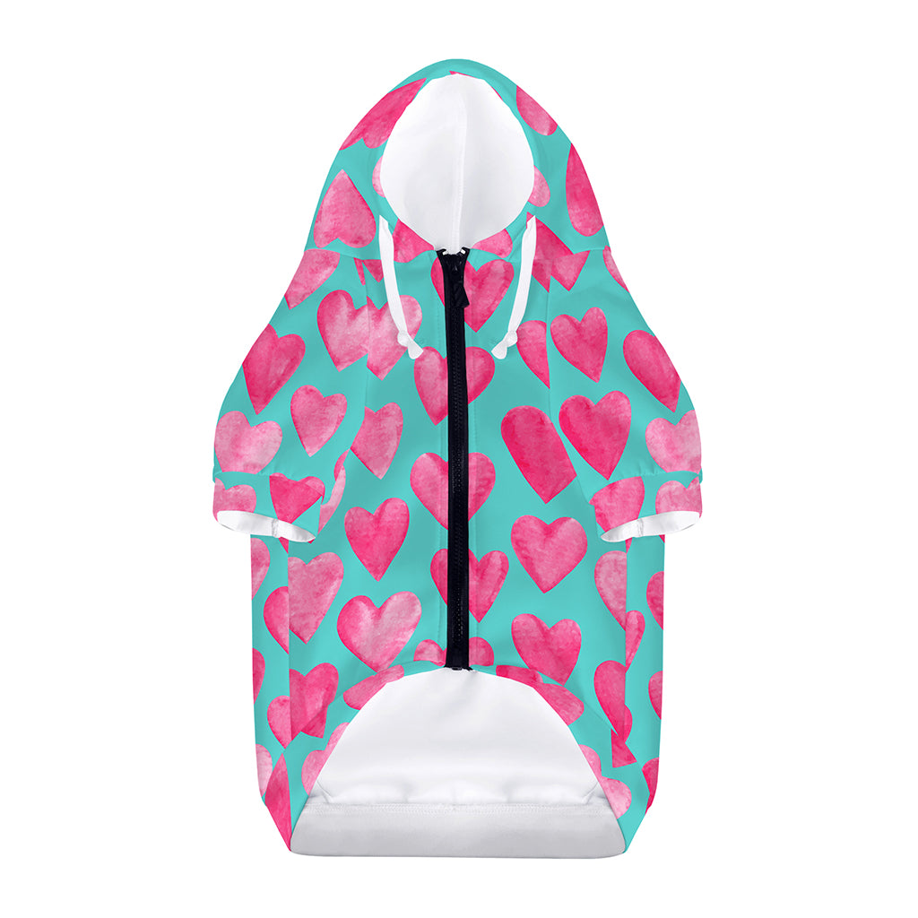 Pink And Teal Watercolor Heart Print Dog Zip Up Hoodie