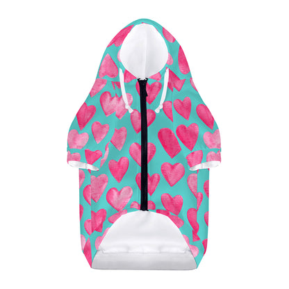 Pink And Teal Watercolor Heart Print Dog Zip Up Hoodie