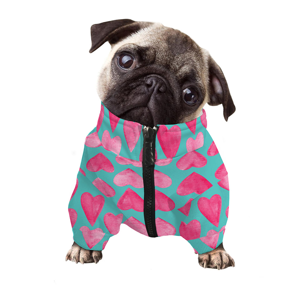 Pink And Teal Watercolor Heart Print Dog Zip Up Jacket