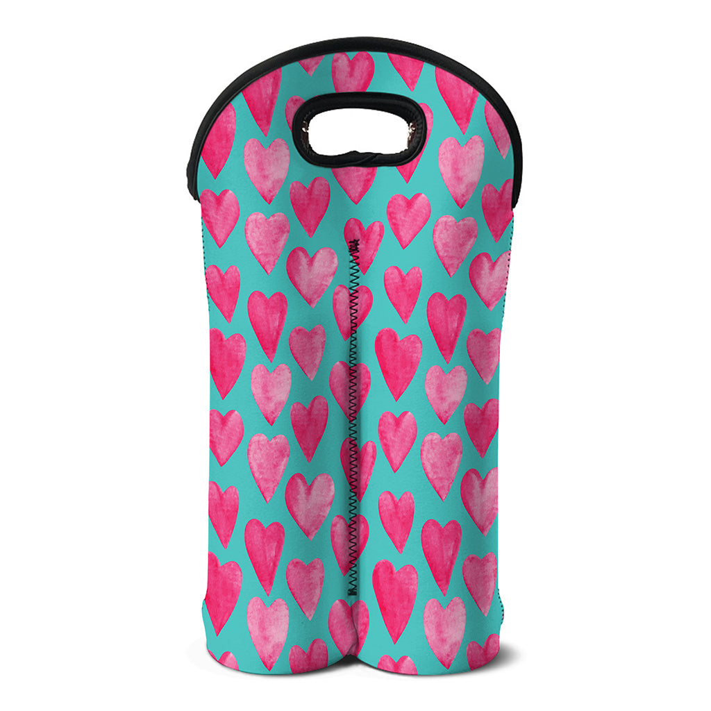 Pink And Teal Watercolor Heart Print Double Neoprene Wine Tote