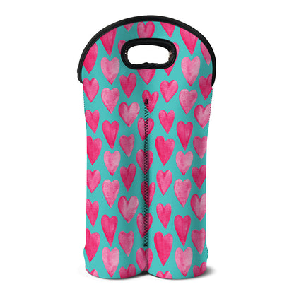 Pink And Teal Watercolor Heart Print Double Neoprene Wine Tote