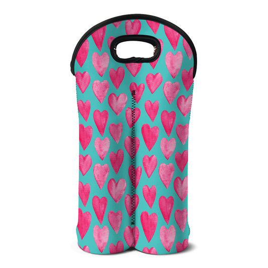 Pink And Teal Watercolor Heart Print Double Neoprene Wine Tote