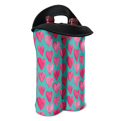 Pink And Teal Watercolor Heart Print Double Neoprene Wine Tote