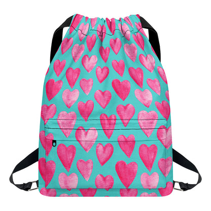 Pink And Teal Watercolor Heart Print Drawstring Backpack