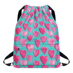 Pink And Teal Watercolor Heart Print Drawstring Backpack