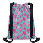 Pink And Teal Watercolor Heart Print Drawstring Backpack