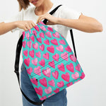 Pink And Teal Watercolor Heart Print Drawstring Backpack
