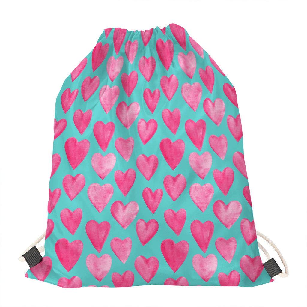 Pink And Teal Watercolor Heart Print Drawstring Bag