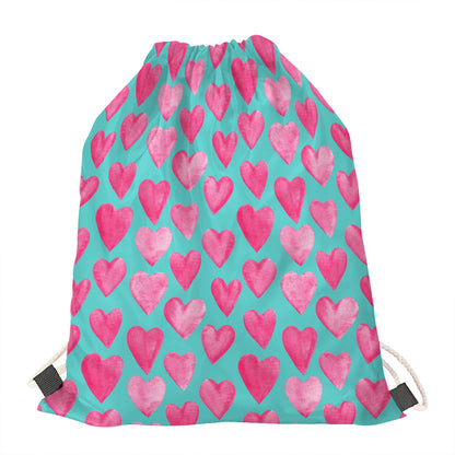 Pink And Teal Watercolor Heart Print Drawstring Bag