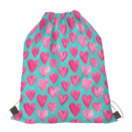 Pink And Teal Watercolor Heart Print Drawstring Bag