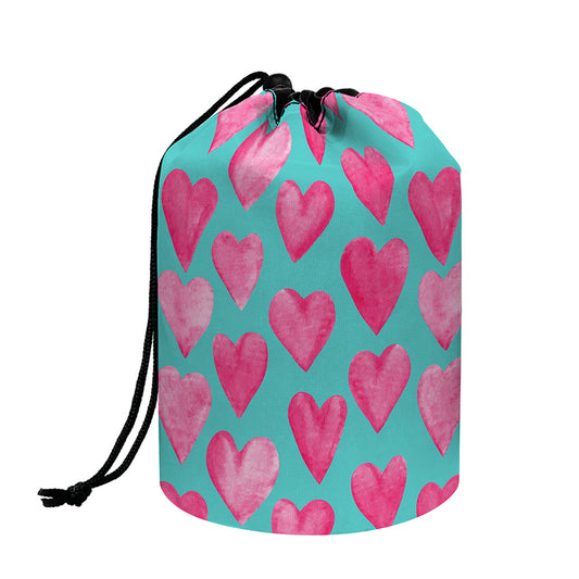 Pink And Teal Watercolor Heart Print Drawstring Makeup Bag