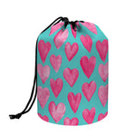 Pink And Teal Watercolor Heart Print Drawstring Makeup Bag