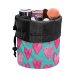 Pink And Teal Watercolor Heart Print Drawstring Makeup Bag