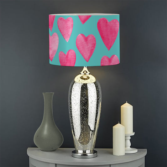 Pink And Teal Watercolor Heart Print Drum Lamp Shade