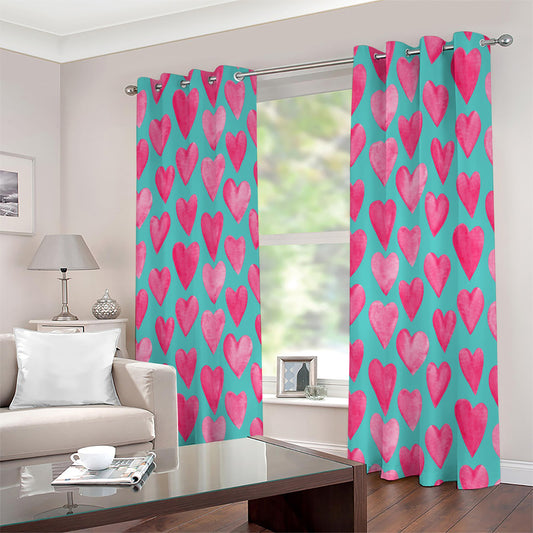 Pink And Teal Watercolor Heart Print Extra Wide Grommet Curtains