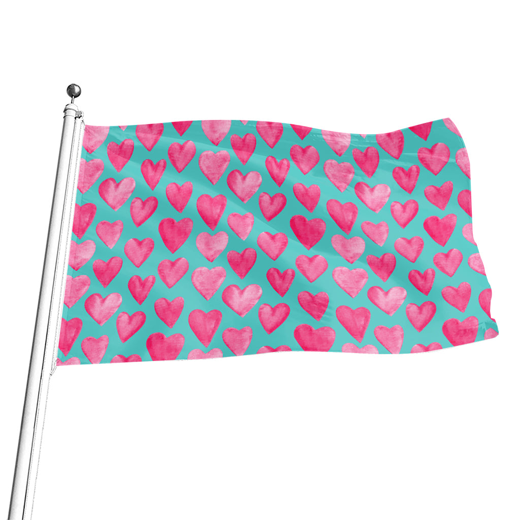 Pink And Teal Watercolor Heart Print Flag