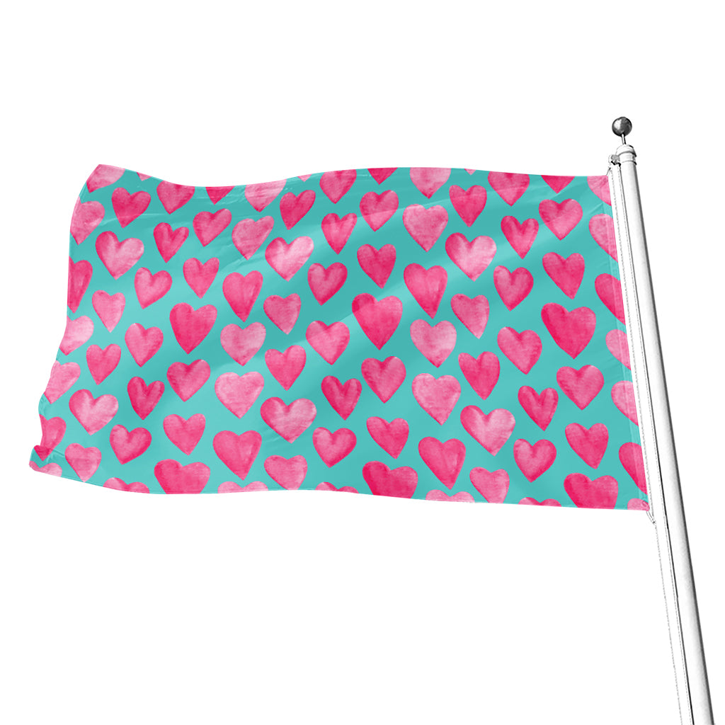 Pink And Teal Watercolor Heart Print Flag