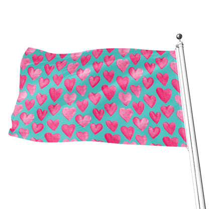 Pink And Teal Watercolor Heart Print Flag