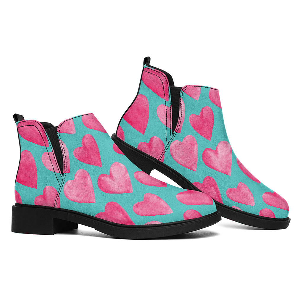 Pink And Teal Watercolor Heart Print Flat Ankle Boots