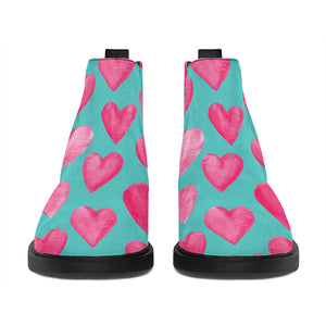 Pink And Teal Watercolor Heart Print Flat Ankle Boots