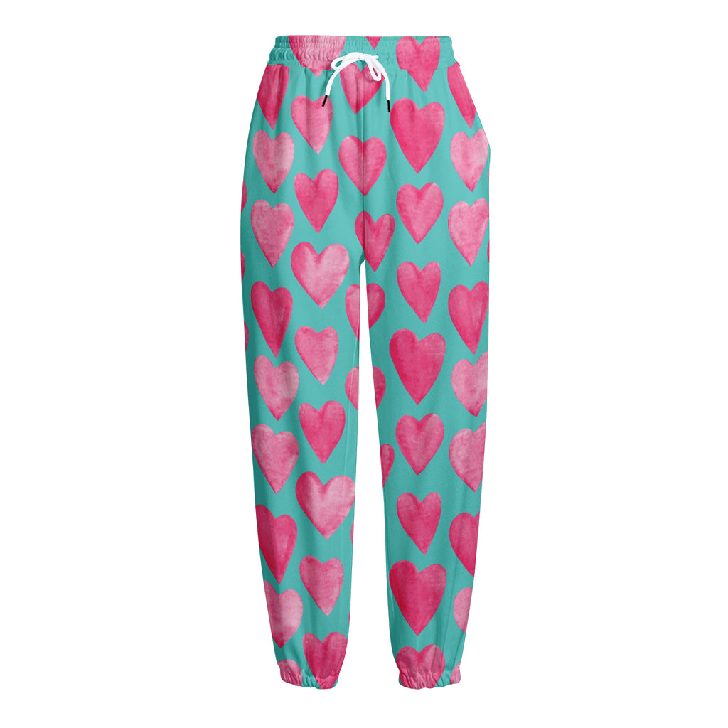 Pink And Teal Watercolor Heart Print Fleece Lined Knit Pants