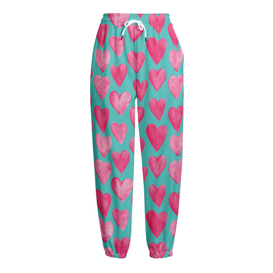 Pink And Teal Watercolor Heart Print Fleece Lined Knit Pants