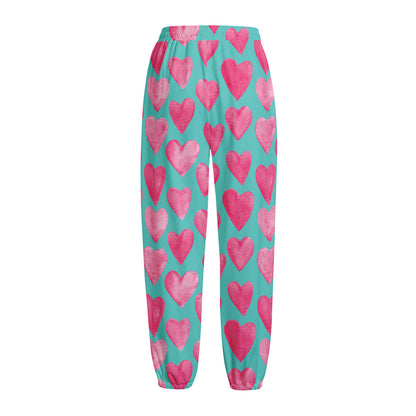Pink And Teal Watercolor Heart Print Fleece Lined Knit Pants